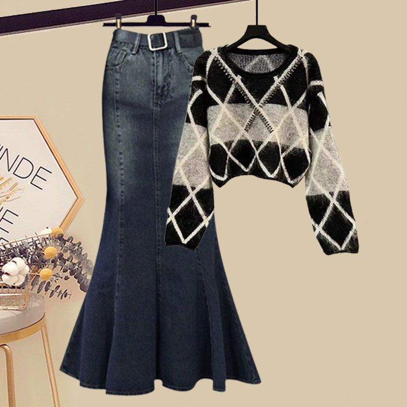 Abbigliamento da donna Maglione a quadri con diamanti a vita alta e gonna a coda di pesce, set in due pezzi_voghion.com