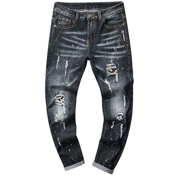 Men's Clothing Men's Ripped Embroidery Slim Fit Stretch Small Straight Jeans Men's Paint Strip Paint Patch Trousers_voghion.com