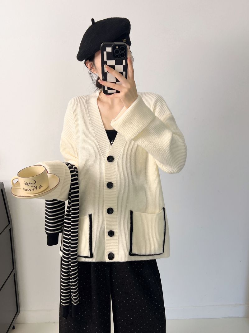 Cardigan tricoté grande taille pour femme, avec poignets inversés, design Sense Pocket Sweater Jacket_voghion.com