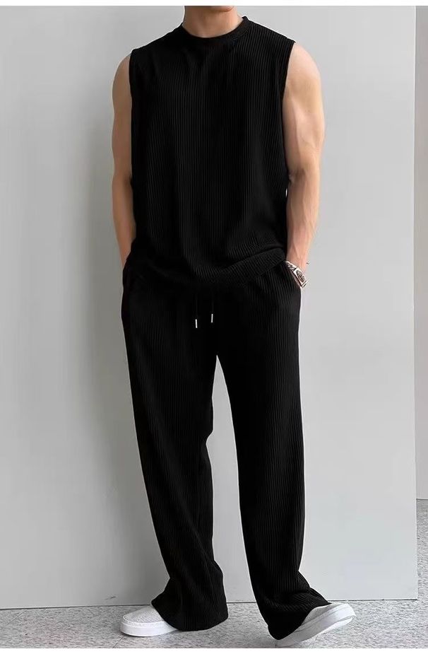 Sommer Cool Ice Silk Weste Hose Einfarbig Mode Herren Plus Size Ärmelloses Top Und Shorts Zweiteiliges Set Für Männer_voghion.com