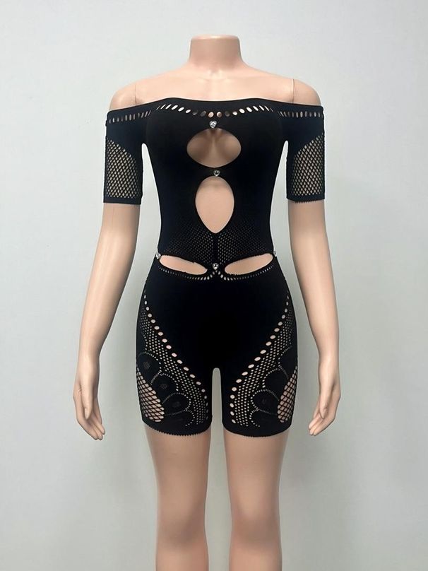 Elegante body in pizzo traforato con spalle scoperte per donna - Tuta attillata elasticizzata sexy a vita alta con dettagli in strass - Nero_voghion.com
