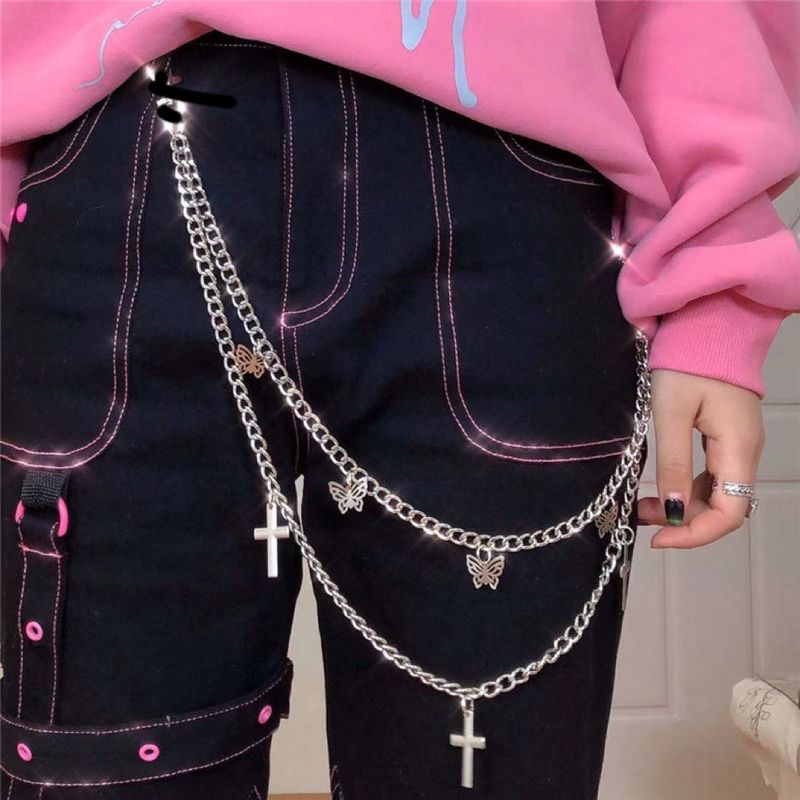 Personnalité des bijoux, créateur de tendances de la mode, chaîne de pantalon simple et polyvalente, chaîne décorative en forme de croix papillon hip-hop_voghion.com