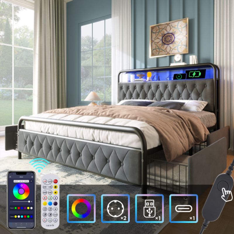 Polsterbett Doppelbett Mit Aufladen USB Type C Ladefunktion APP-Control LED Bettgestell Metallbett 180×200 Bettrahmen Und 4 Schubladen, Samt (Ohne Matratze)_voghion.com