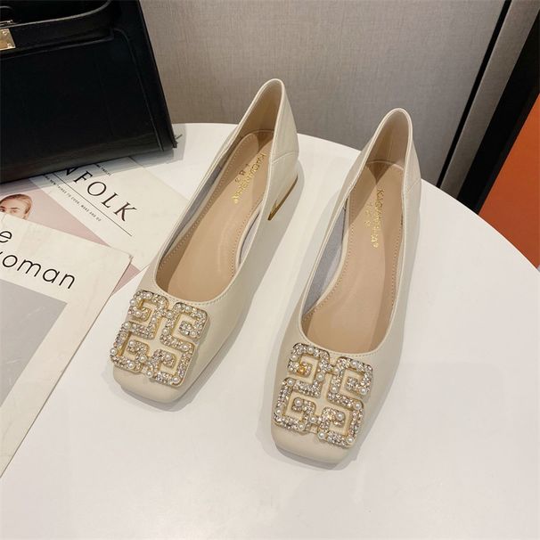 Parel Enkele Schoenen Dames 2023 Zomer Nieuwe Avond Wind Ondiepe Mond dikke hak lage top zachte zool damesschoenen echt leer all-match_voghion.com