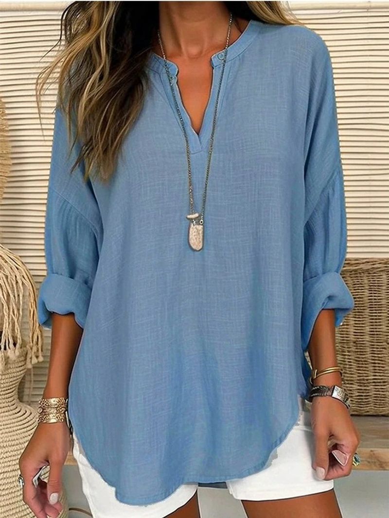 Women's Clothing New V Neck Cotton And Linen Pure Large Size Shirt_voghion.com