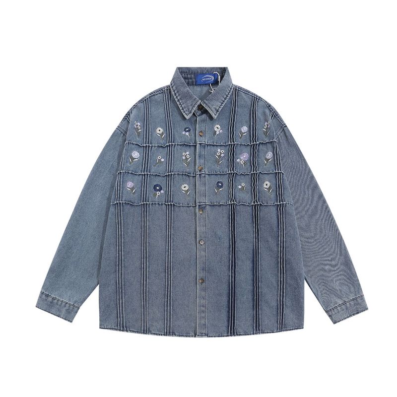 Camicia da uomo in denim a maniche lunghe con ricamo pesante, motivo retrò, a quadri, floreale, ampia e casual, da coppia_voghion.com