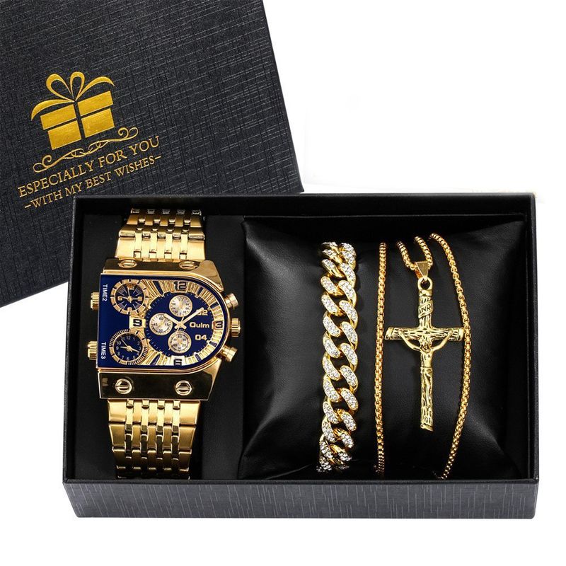 Men's Multi-Time Zone Stainless Steel Quartz Watch With Large Luminous Dial And Elegant Square Case Quartz Watch Great For Gifting_voghion.com