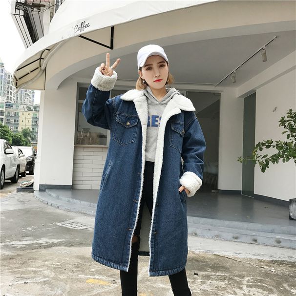 2022 Winter Korean Version Loose Plus Size Women's Lapel Lambswool Denim Jacket Mid Length Plus Velvet Thickened Cotton Coat_voghion.com