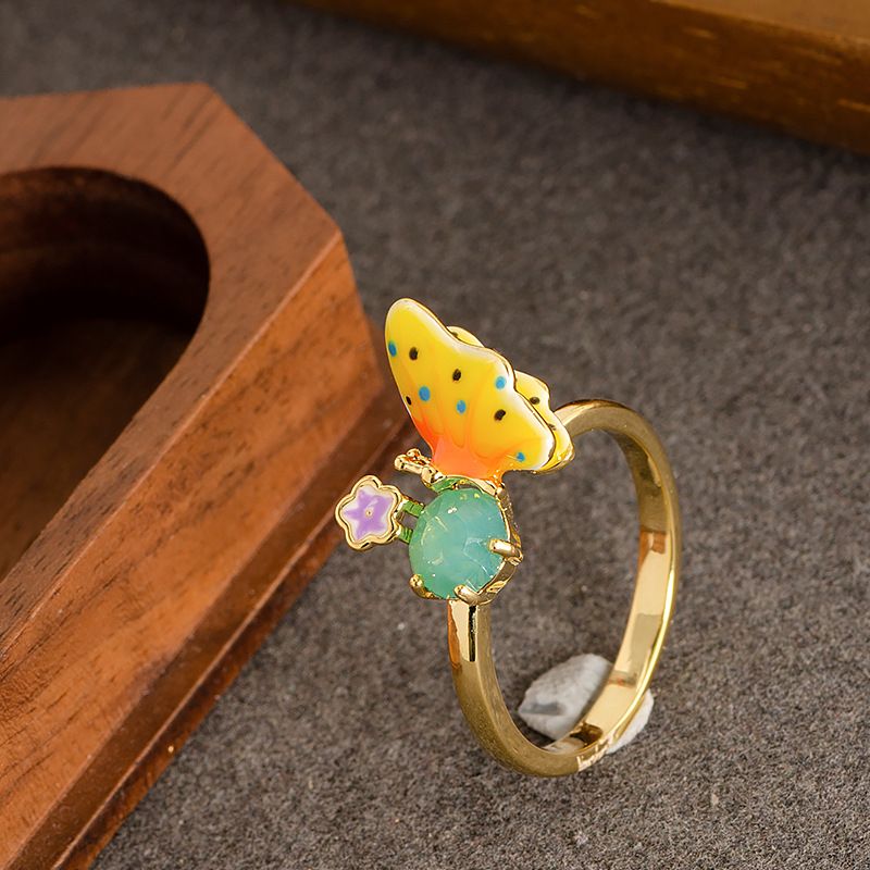 Anello aperto con fiore a goccia d'olio francese elegante da donna, leggero, di lusso, alla moda, di fascia alta, con indice regolabile_voghion.com