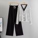 Women's Clothing spring new suits for women, contrasting stripes, double V neck knitted cardigan tops, wide leg pants, two piece suit_voghion.com