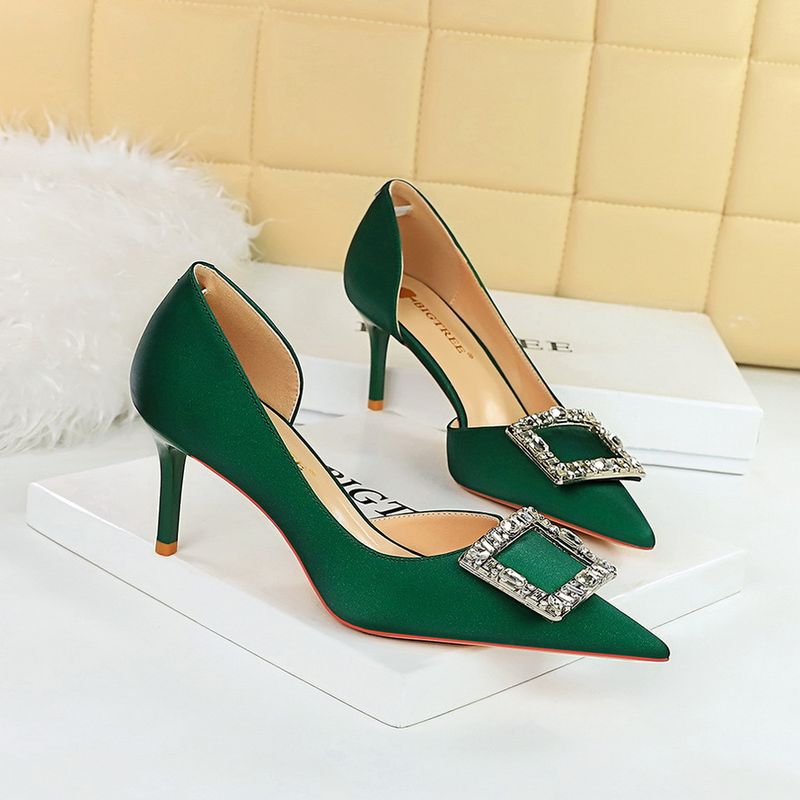 All-in-one high heels women's shoes slim heels shallow mouth pointed side hollowed out metal buckle single shoes_voghion.com