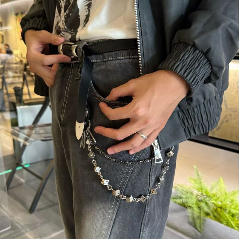 New 2024 Carved Genuine Leather Dice Double Layer Pants Hip Hop Trendy Versatile Waist Chain_voghion.com