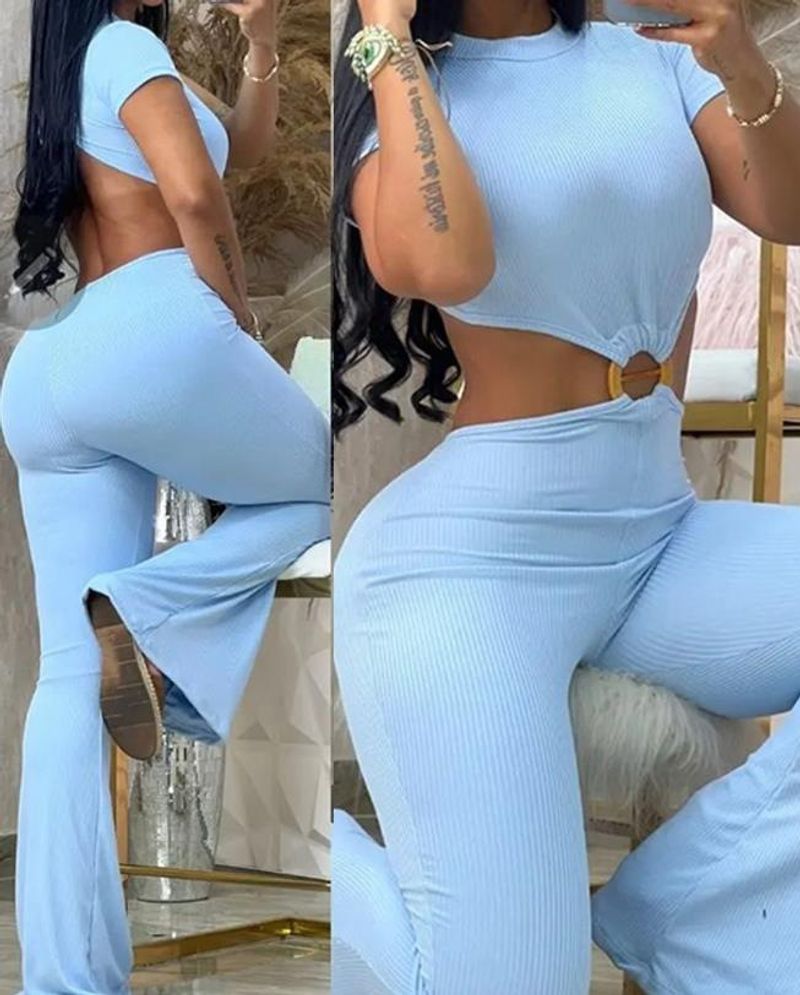 Salopetă sport pentru femei, sexy, cu guler rotund, spate fără bretele, croială slim fit, culoare uni, cu croială tip bootcut_voghion.com