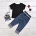 Mother & Kids new black letter printed T-shirt + button hole denim trousers with belt set_voghion.com