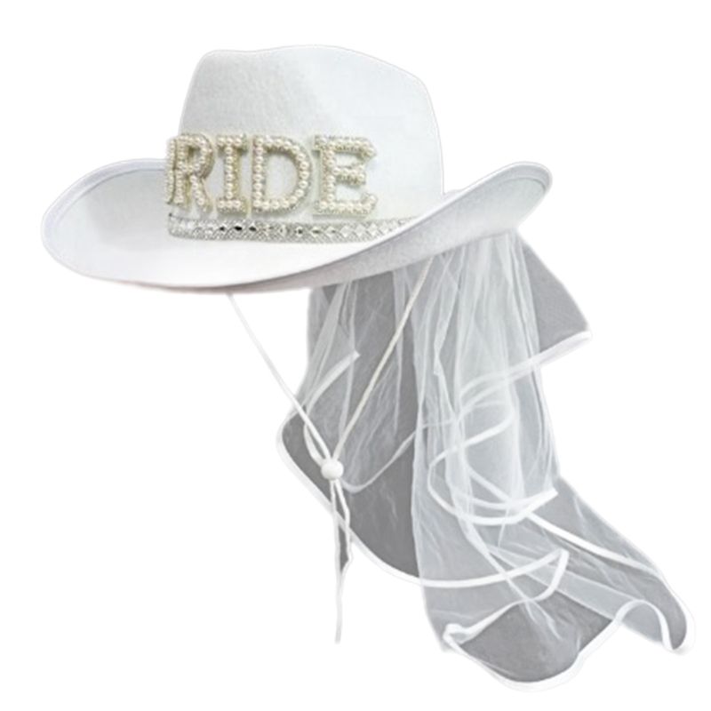 Hot Sale Bride Novelty Cowboy Summer Beach Cowgirl Hat with Long Veil Western Fancy Dress Accessory_voghion.com