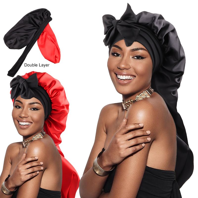 Hijab & Turban Double Layer Satin Long Tube Bow Nightcap For Women With Elastic Ribbon Silk Extended Hair Care Cap Double Sided Wear_voghion.com