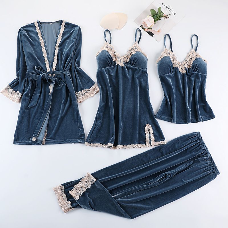 autumn and winter sexy gold velvet four piece suit with chest pads suspenders nightdress long sleeves can be worn outside home clothes_voghion.com
