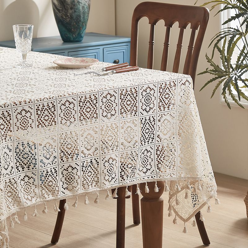 Vintage Crochet Tablecloth – 41% Polyester 59% Cotton Blend, Rectangular Lace Cover With Geometric Diamond Pattern (Multiple Sizes & Colors)_voghion.com