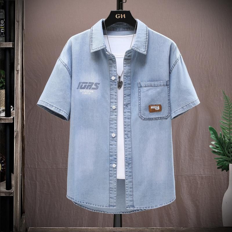 Miesten vaatteet Denim paita miesten lyhythihaiset kaltevuusshortsit täydellinen sarja nuoriso rento väljiä puolihihaista paitapuku miehille_voghion.com