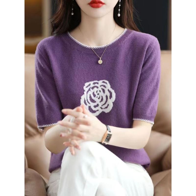 Women’s Clothing Spring And Summer New Wool Short Sleeve Women's Round Neck Sweater Half Sleeve Thin Style Contrast Color Bottoming Shirt Women_voghion.com