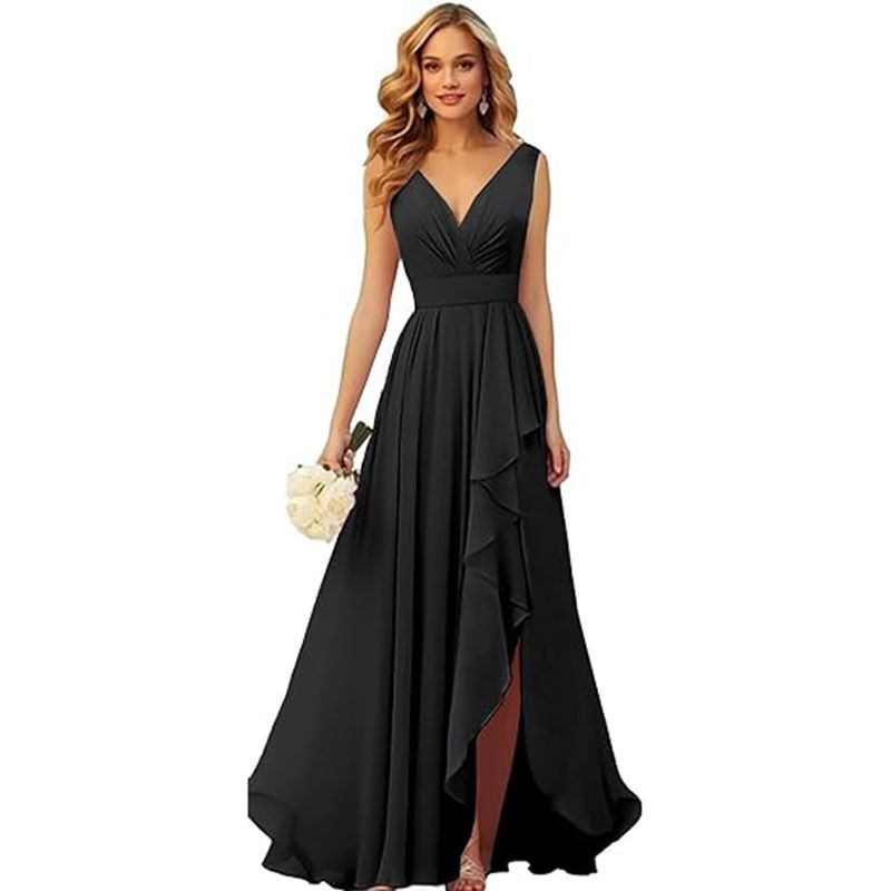 Women's Clothing New V Neck Pleated Slit Straps Long Chiffon Christmas Party Dress Skirt_voghion.com