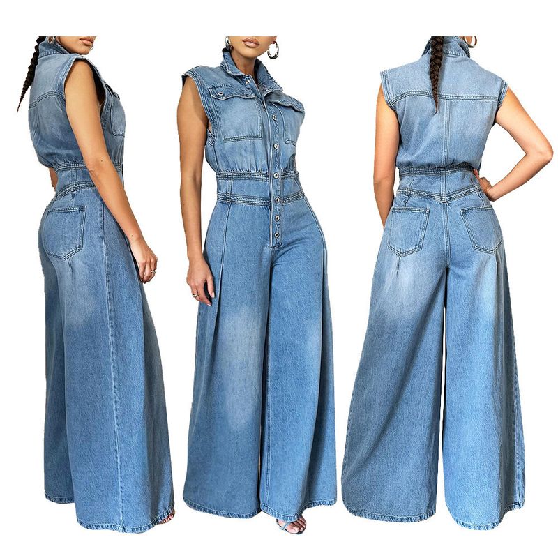 Women's Clothing New Style Casual Washed Sleeveless Denim Jumpsuit Wide Leg Pants_voghion.com