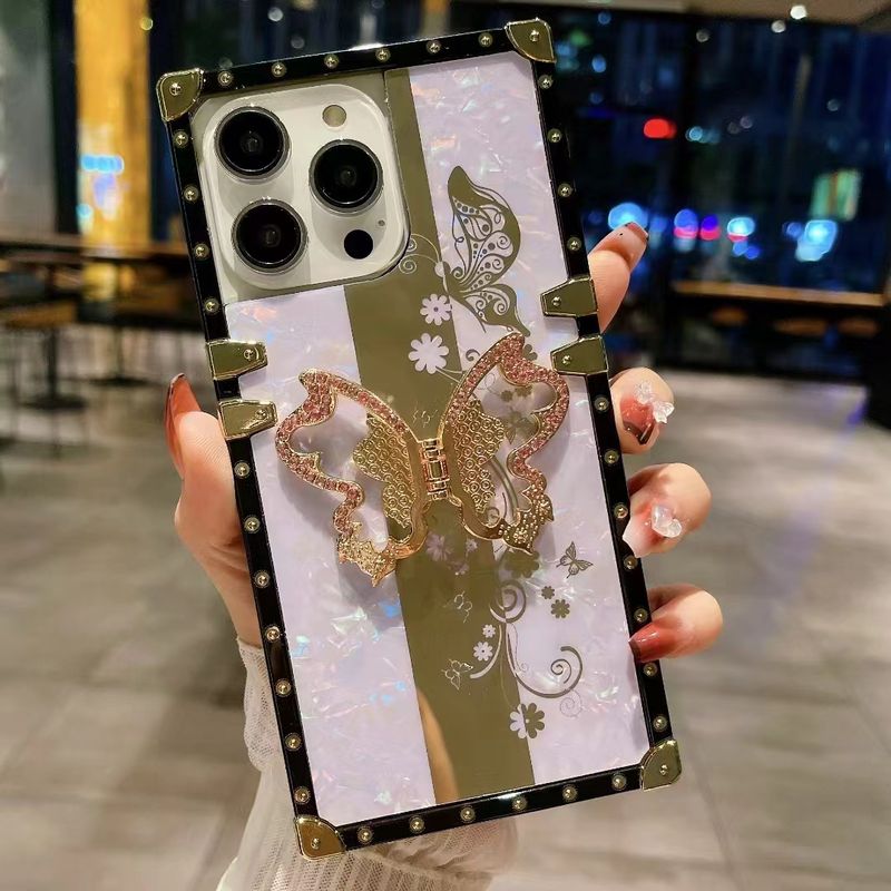 Für Samsung S22 S23 S24 Plus Ultra FE A33 A53 A73 A25 A34 A54 Luxus Niedliche Quadratische Schmetterling Blume Diamant Ring halter Telefon Fall_voghion.com