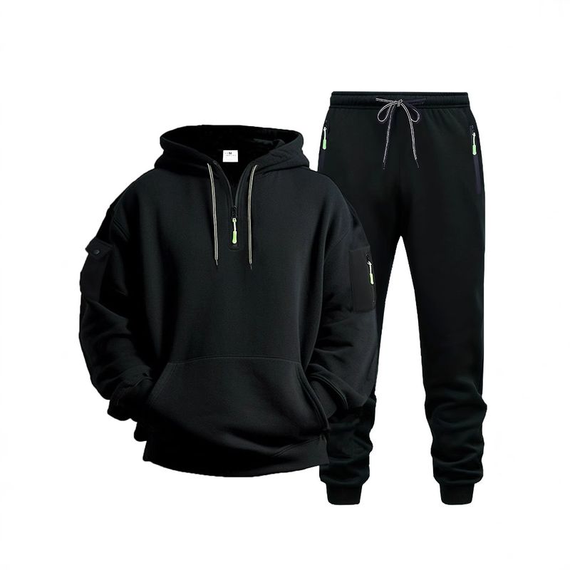 Ensemble sweat à capuche et jogging doublés en polaire pour homme – Essentiels streetwear avec poches utilitaires (S-2XL, pantalon court slim, 96 % polyester)_voghion.com