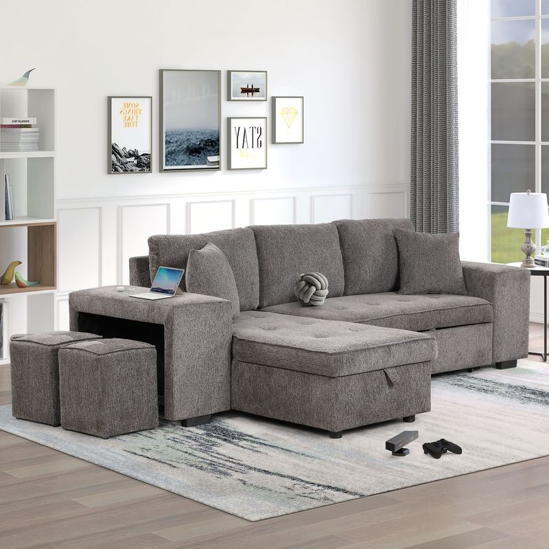 104.5" Pull Out Sleeper Sofa Reversible L-Shape 3 Seat Sectional Couch With Storage Chaise And 2 Stools For Living Room Furniture Set_voghion.com