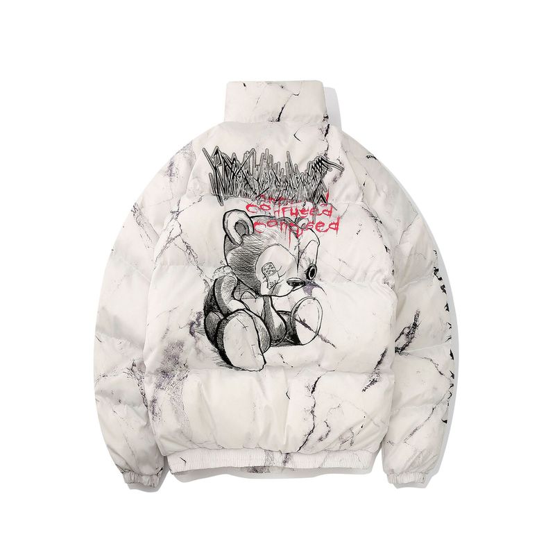 Men's Clothing Club American style dark bear graffiti print loose cotton jacket high street hip hop couple bread coat_voghion.com