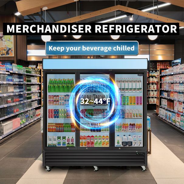 ORIKOOL Glass Door Merchandiser Refrigerator 70 Cu.ft Swing Door Commercial Display Refrigerators Merchandising Refrigeration With LED Top Panel_voghion.com