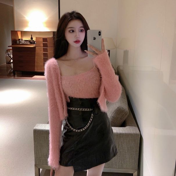 Women's Clothing Sexy V-Neck Faux Mink Knit Two-Piece Set - Sleeveless Tank Top & Short Cardigan - Slim Fit Pure Color Outfit (One Size)_voghion.com