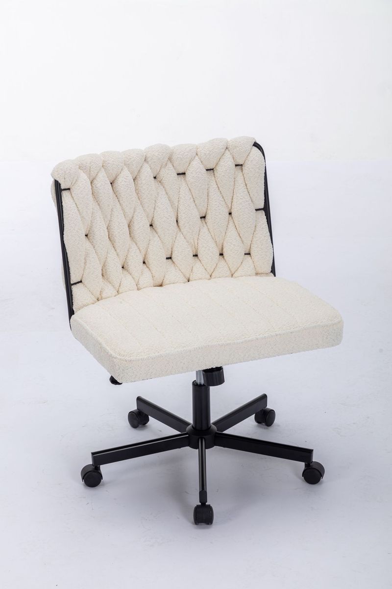 Criss Cross Legged Office Desk Chair With Wheels, Modern Armless Desk Chair With Wide Seat, Home Office Chairs For Work, Meditation, Vanity,White_voghion.com