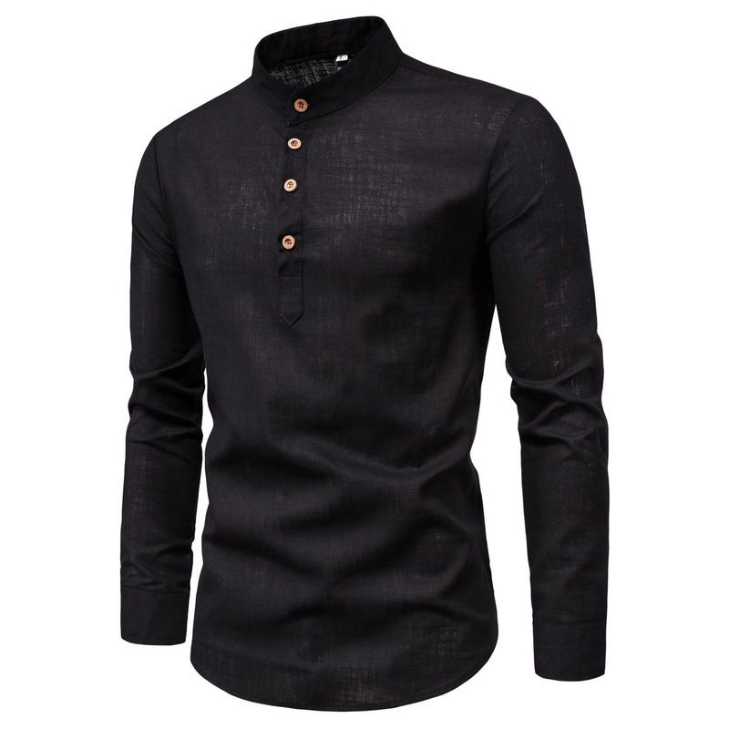 Camicia a maniche lunghe da uomo in lino - Pullover oversize con collo alto (beige/grigio/nero)_voghion.com