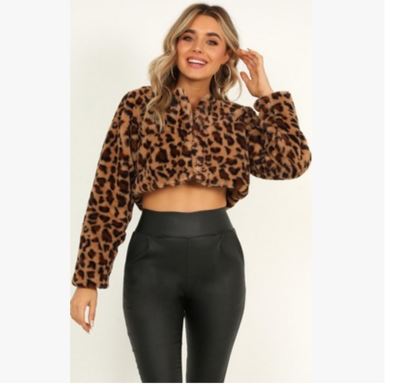 Women'S autumn leopard print long-sleeved short hidden button cardigan top plush jacket_voghion.com