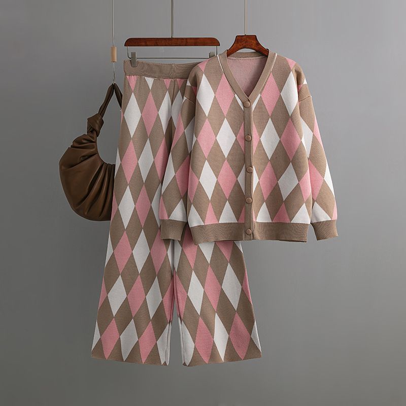 Women's Clothing Geometric Rhombus Knitted Cardigan Suit Women's Autumn and Winter Loose Casual Sweater Pants Two piece Set_voghion.com