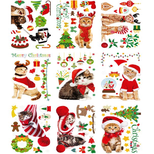Home & Garden new static film cat cartoon Christmas hat Christmas window glass sticker glass sticker_voghion.com
