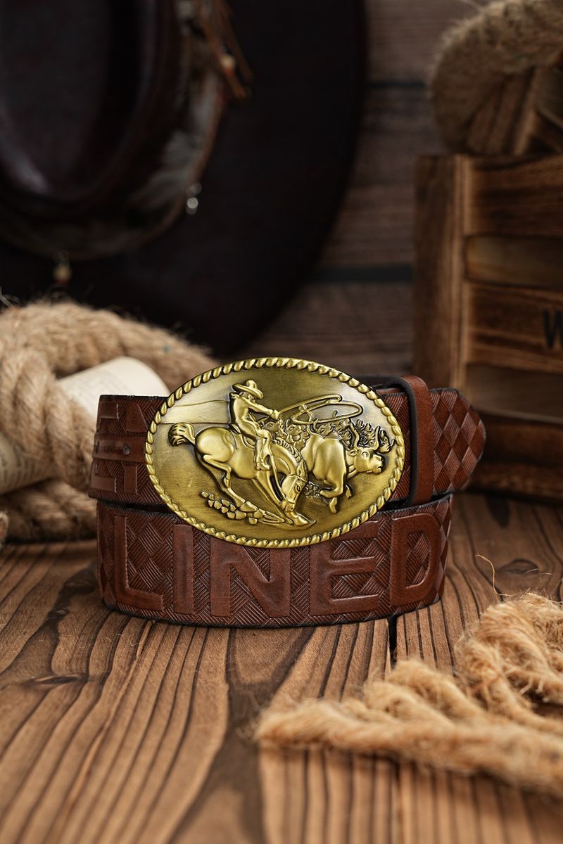 HOT Western Cowboy PU Leather Belt - Men Waist Strap Bull Decoration Floral Engraved for Jeans_voghion.com