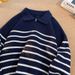 Unisex Retro Knit Sweater, Long Sleeve Pullover With Half-Zip & Striped Design, Oversized Casual Top For Men & Women_voghion.com