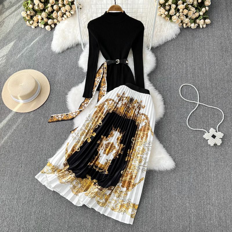 Kadın moda dik yaka ince örgü üst iki parçalı set_voghion.com