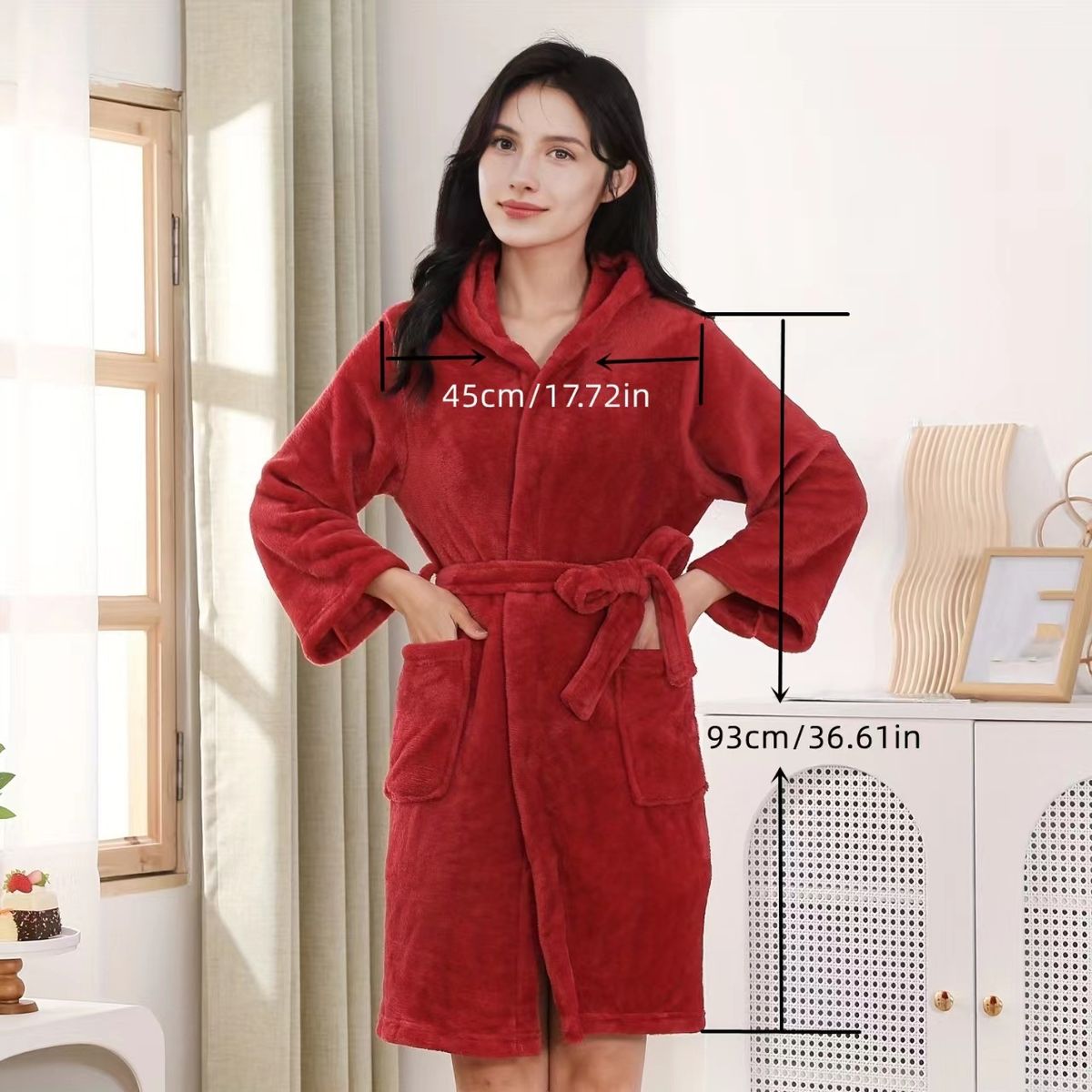 Υφασμάτινο ρούχο σπιτιού, μονόχρωμο, μεγάλο μέγεθος, απαλό στην αφή, νυχτικό με κουκούλα, γυναικείο κοντό, ρούχο σπιτιού, μπουρνούζι ξενοδοχείου_voghion.com