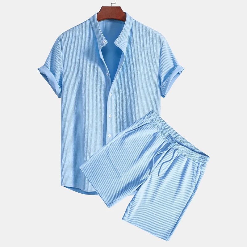 Men's Casual Loose Fit Multicolor Beachwear Ribbed Short Sleeve Two-Piece Set_voghion.com