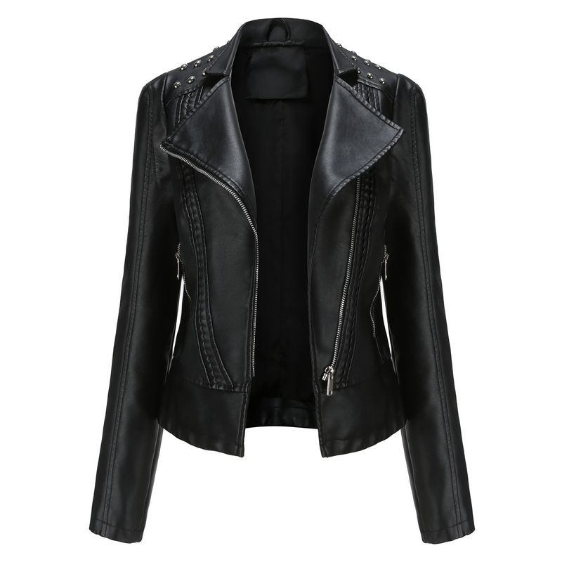 Damenbekleidung Perlenlederjacke Langarm Modejacke Revers Motorradanzug Dünnschnitt Frühling und Herbst_voghion.com
