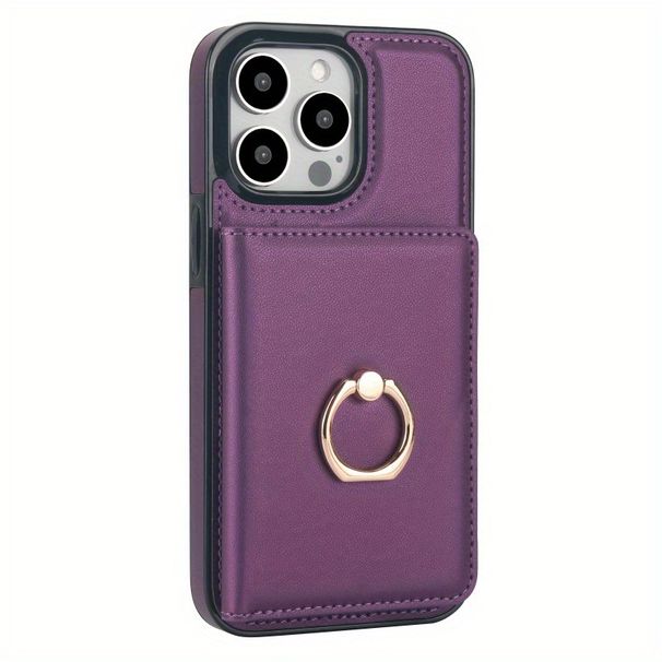 Fashionable Leather Wallet Phone Case Suitable for 15/ 14/ 13/ 12 Pro/ Pro Max/ Plus, with Finger Ring Buckle Card Clips, Featuring A Phone Stand_voghion.com