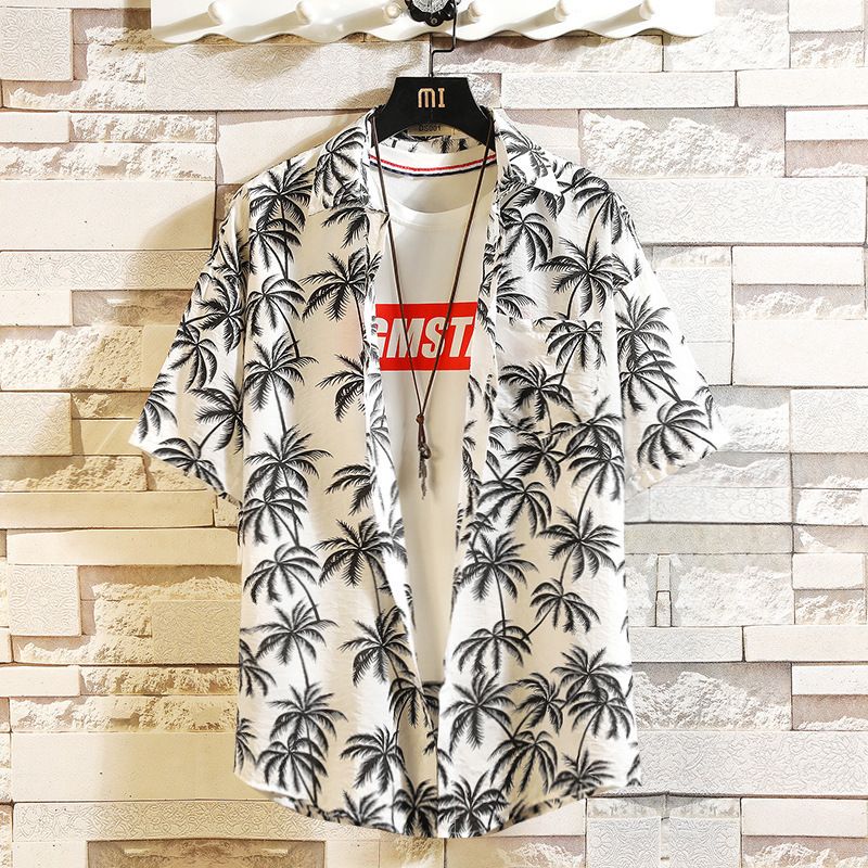Camicia a maniche corte sottile retrò da uomo, stile ampio, con stampa di cocco_voghion.com