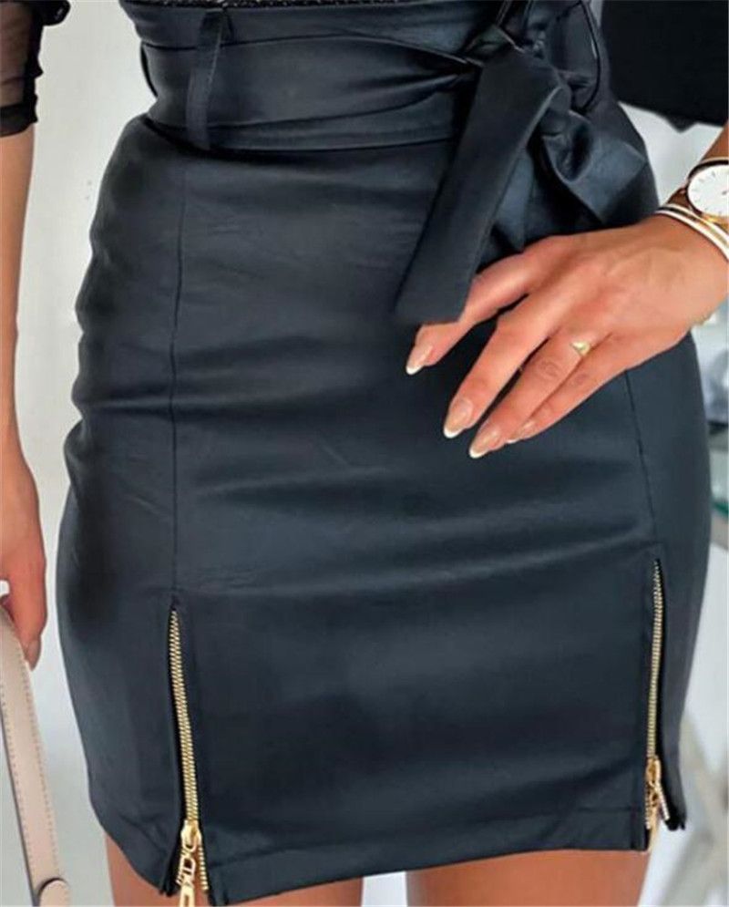Jupe de hanche taille haute en cuir PU, sangle sexy, fermeture éclair_voghion.com