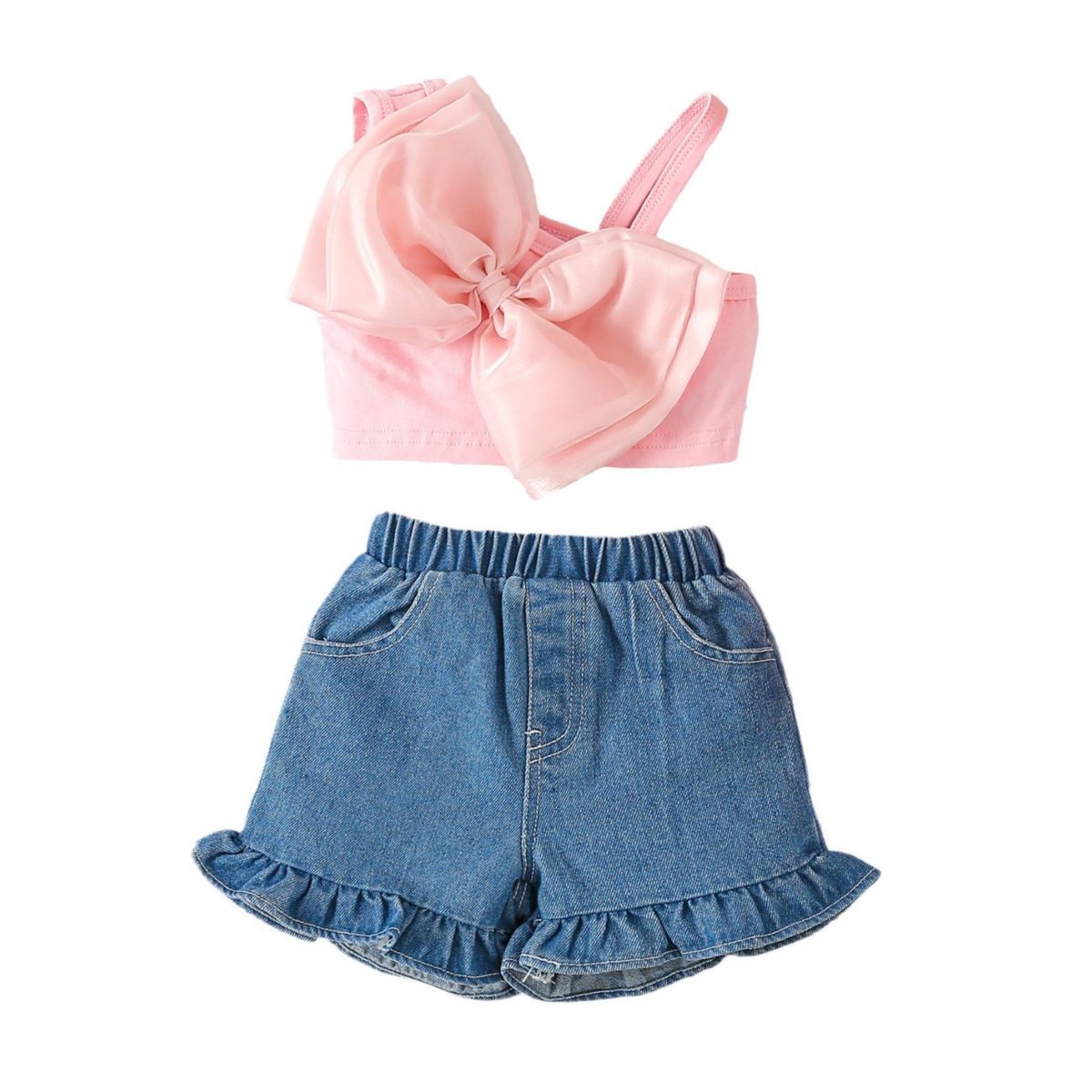 Babykleidung Süßes Set für Mädchen, Gaze-Schleife, One-Shoulder-Riemen, Spitze, Denim-Shorts, zweiteiliges Set_voghion.com