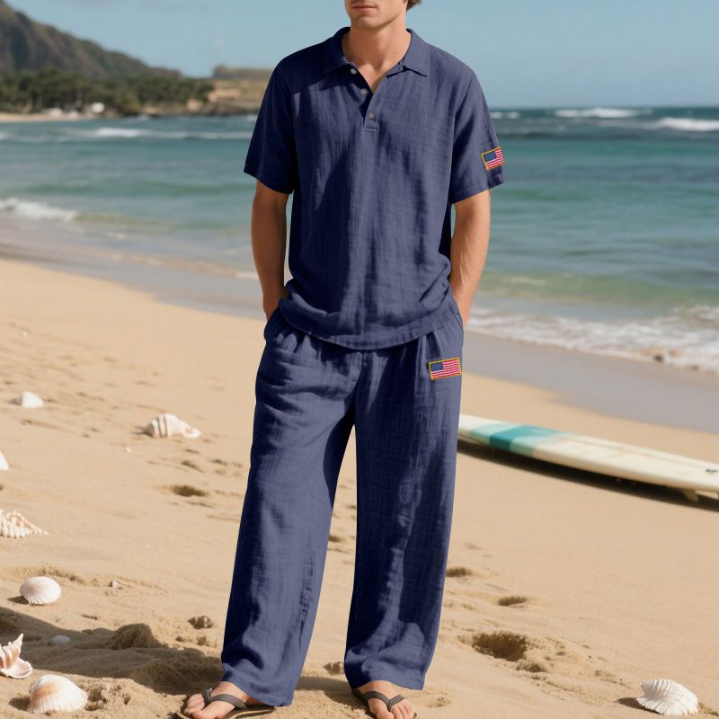 Sommer Lose Herren Strand Leinen Atmungsaktiv Lässig Große Größe Revers Unabhängigkeit Tag Hosen Anzug_voghion.com