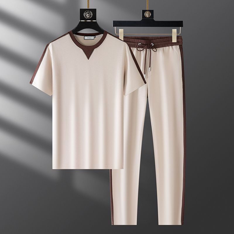 Herren Sommer Neuer einfacher neuer Sportanzug Lässiger dünner Rundhalsausschnitt Kurzarm gerade Hose Einfacher zweiteiliger Anzug_voghion.com