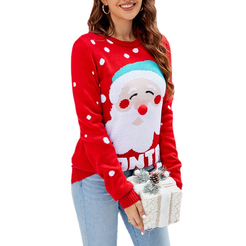 Pull rouge de noël automne et hiver, pull ample à col rond, tête de père noël_voghion.com